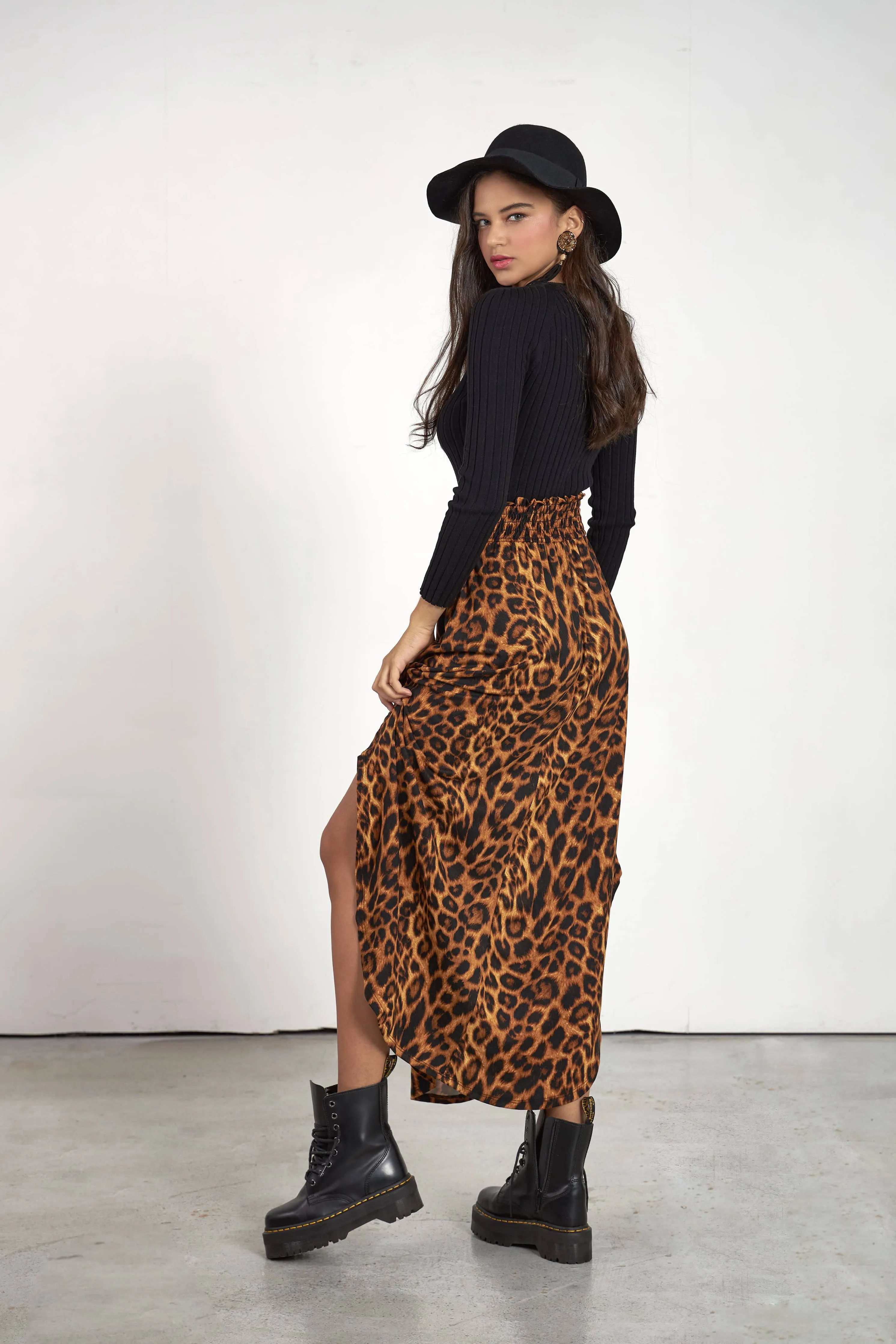 Leopard Smocked Waist Curved Hem Maxi Skirt-Size Inclusive