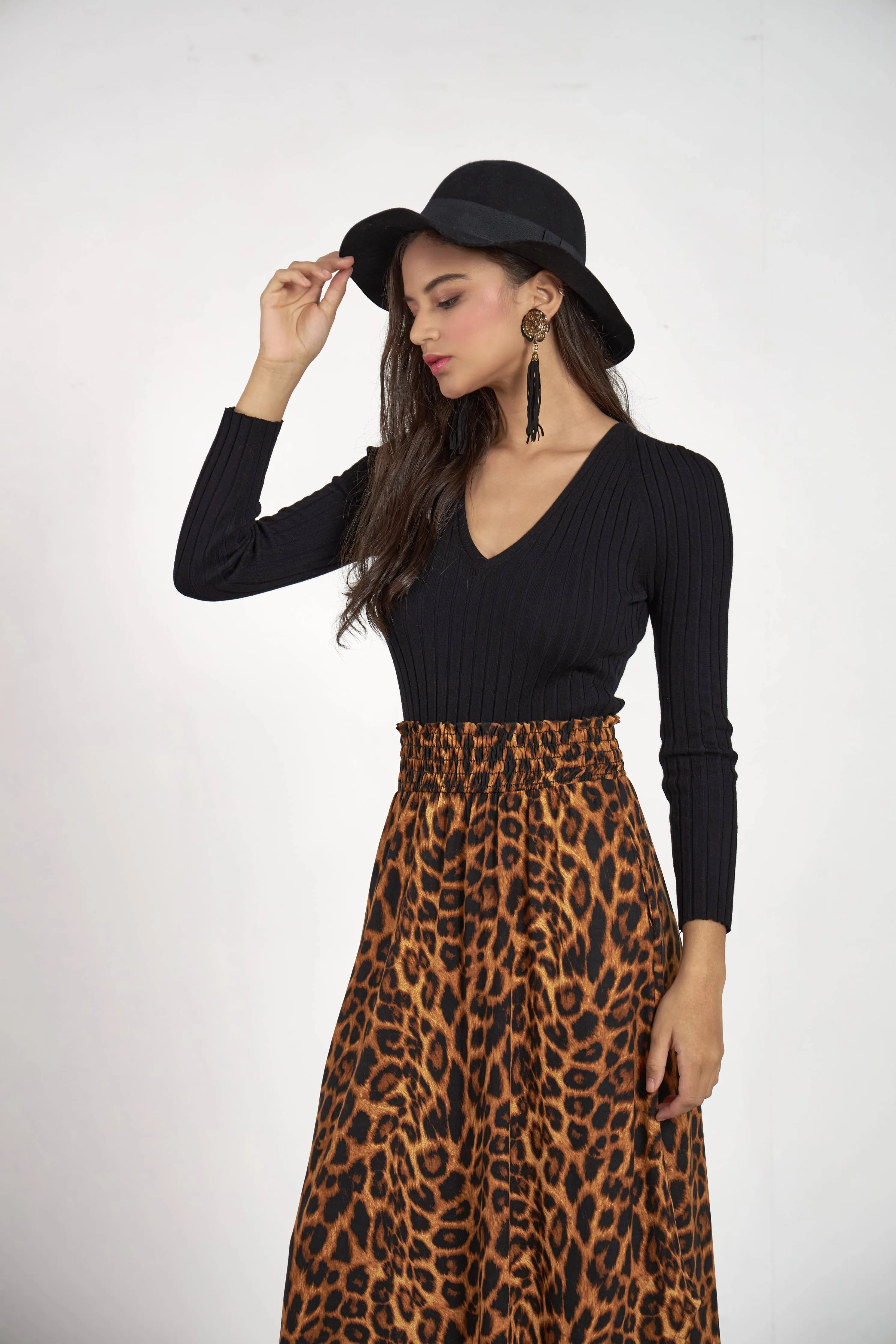 Leopard Smocked Waist Curved Hem Maxi Skirt-Size Inclusive